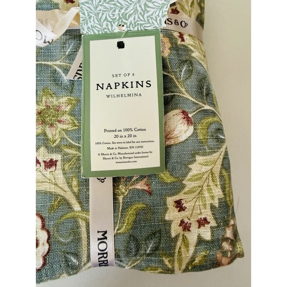 Morris & Co Dinner Fabric Napkins Wilhemina Floral Blue Ivory 20x20